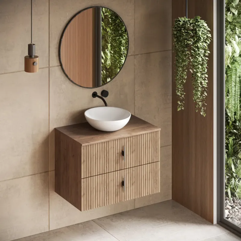 Rechtstreeks Van De Fabrikant Muebles Mairi badmeubel ribbelfront 80cm warm eiken met witte waskom