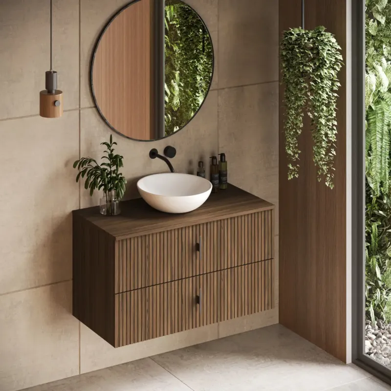 Aanbieding Muebles Mairi badmeubel ribbelfront 100cm walnoot met witte waskom