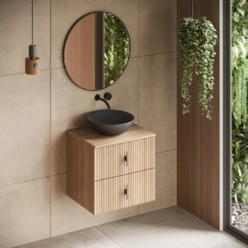 Seizoensaanbieding Muebles Mairi badmeubel ribbelfront 60cm naturel eiken met zwarte waskom