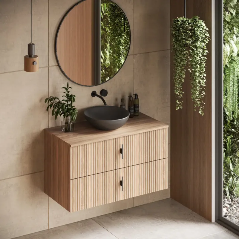Shop Nu Muebles Mairi badmeubel ribbelfront 100cm naturel eiken met zwarte waskom