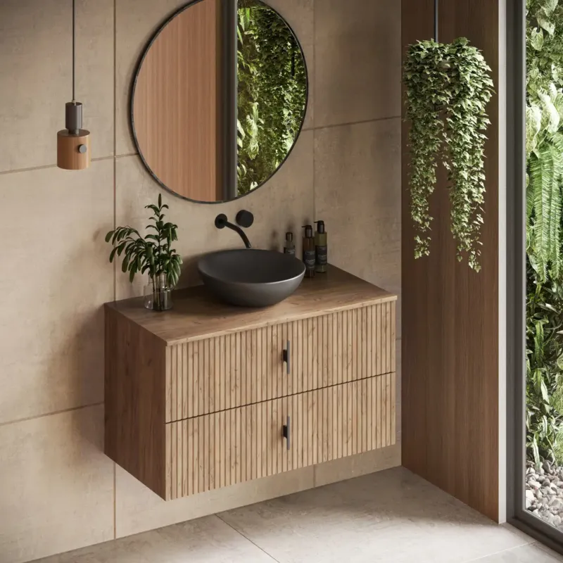 Voordeelprijs Muebles Mairi badmeubel ribbelfront 100cm warm eiken met zwarte waskom