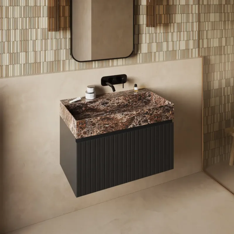 Fontana Dark Emperador badmeubel 80cm mat zwart met ribbelfront zonder kraangat Betaalbaar