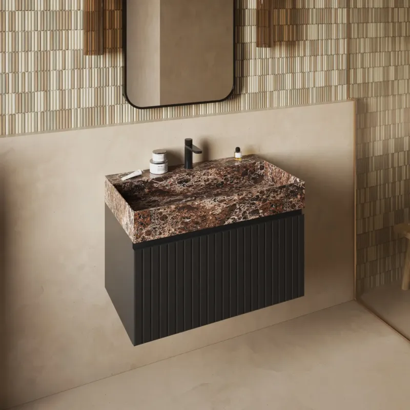 Fontana Dark Emperador badmeubel 80cm mat zwart met ribbelfront met kraangat Lage Kosten