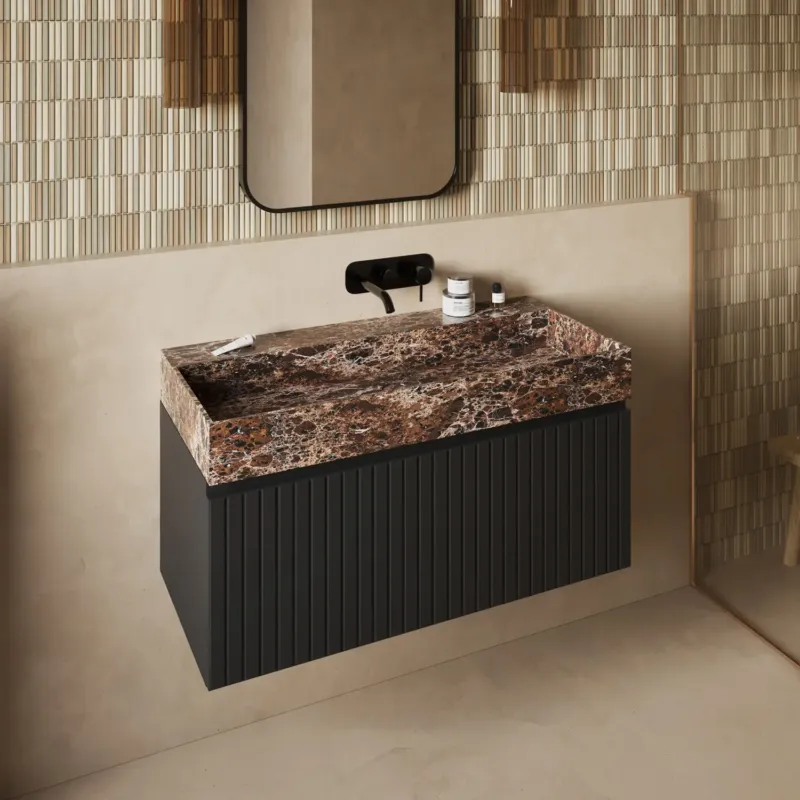 Rechtstreeks Van De Fabrikant Fontana Dark Emperador badmeubel 100cm mat zwart met ribbelfront zonder kraangat