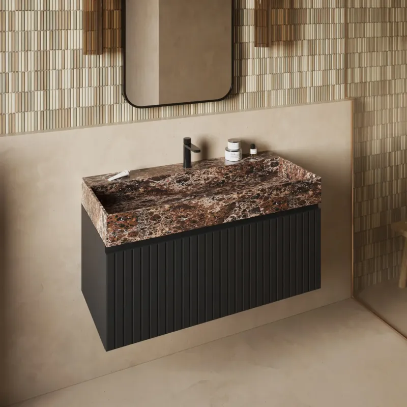 Gereduceerde Prijs Fontana Dark Emperador badmeubel 100cm mat zwart met ribbelfront met kraangat