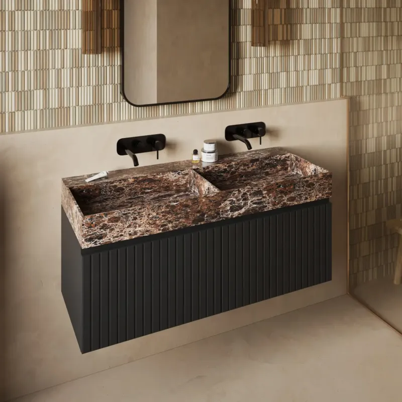 Seizoensaanbieding Fontana Dark Emperador badmeubel 120cm mat zwart met ribbelfront zonder kraangaten
