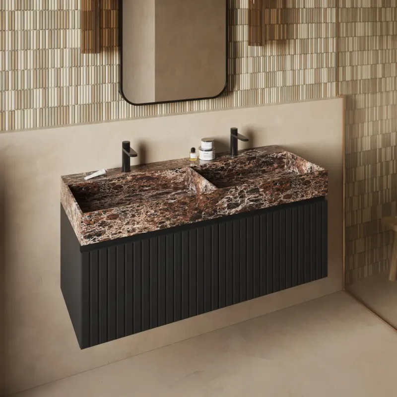Fontana Dark Emperador badmeubel 120cm mat zwart met ribbelfront met kraangaten Direct Beschikbaar