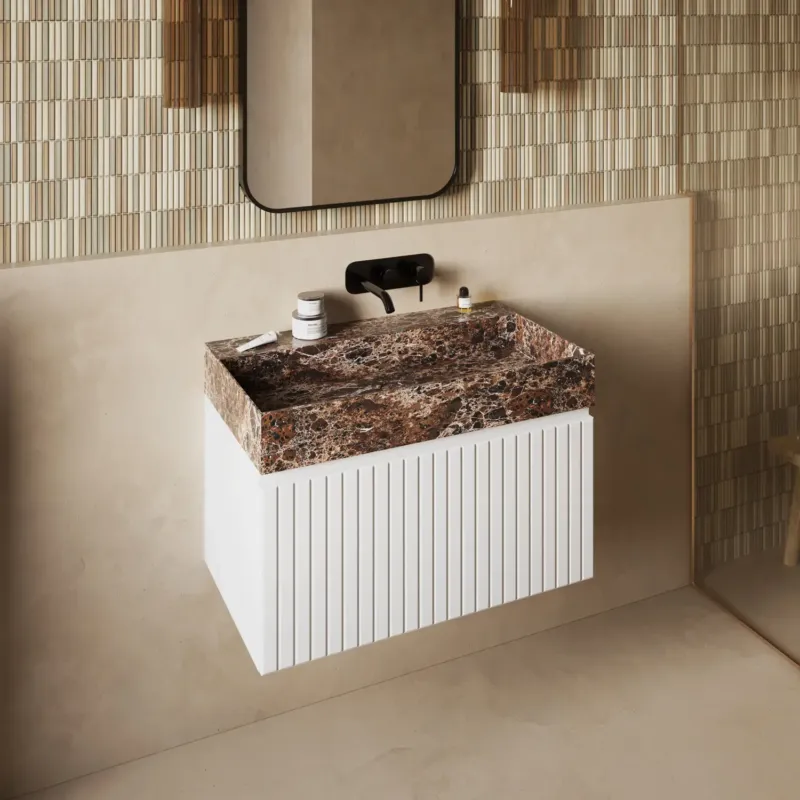 Bestel Nu Fontana Dark Emperador badmeubel 80cm mat wit met ribbelfront zonder kraangat
