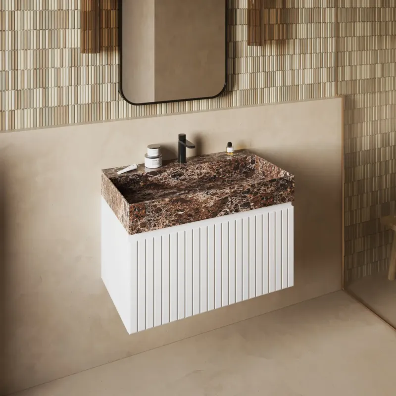 Fontana Dark Emperador badmeubel 80cm mat wit met ribbelfront met kraangat Dagaanbieding