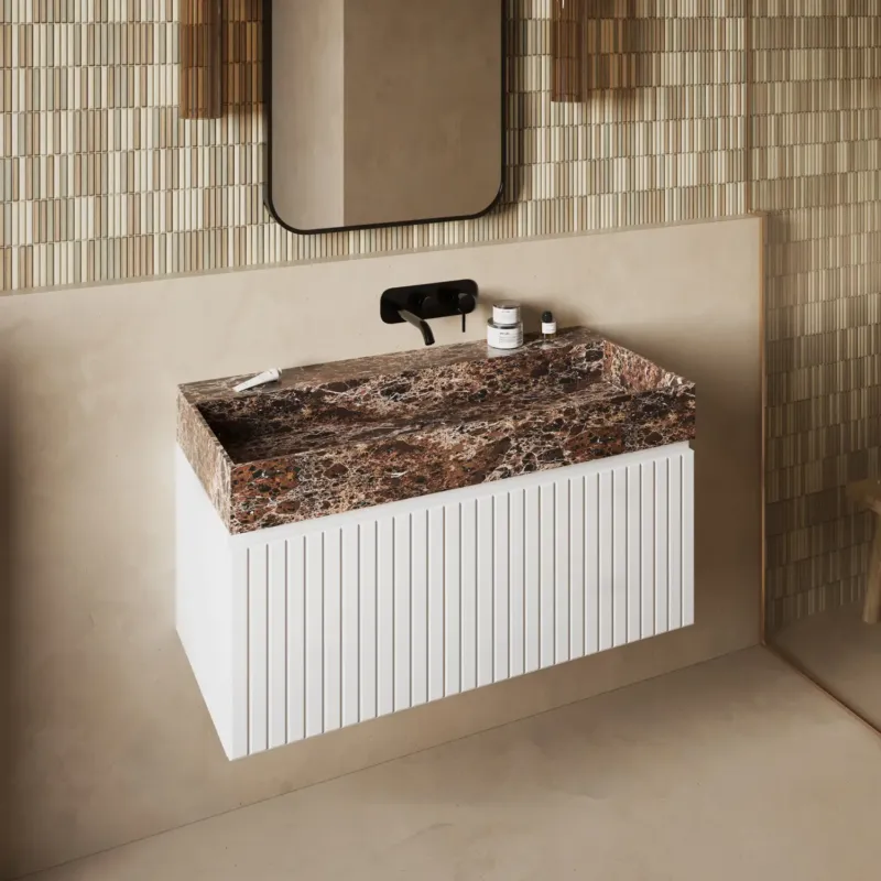 Aanbieding Fontana Dark Emperador badmeubel 100cm mat wit met ribbelfront zonder kraangat