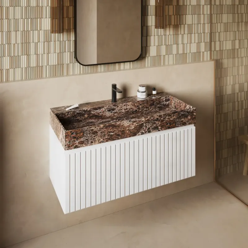 Fontana Dark Emperador badmeubel 100cm mat wit met ribbelfront met kraangat Koop Online