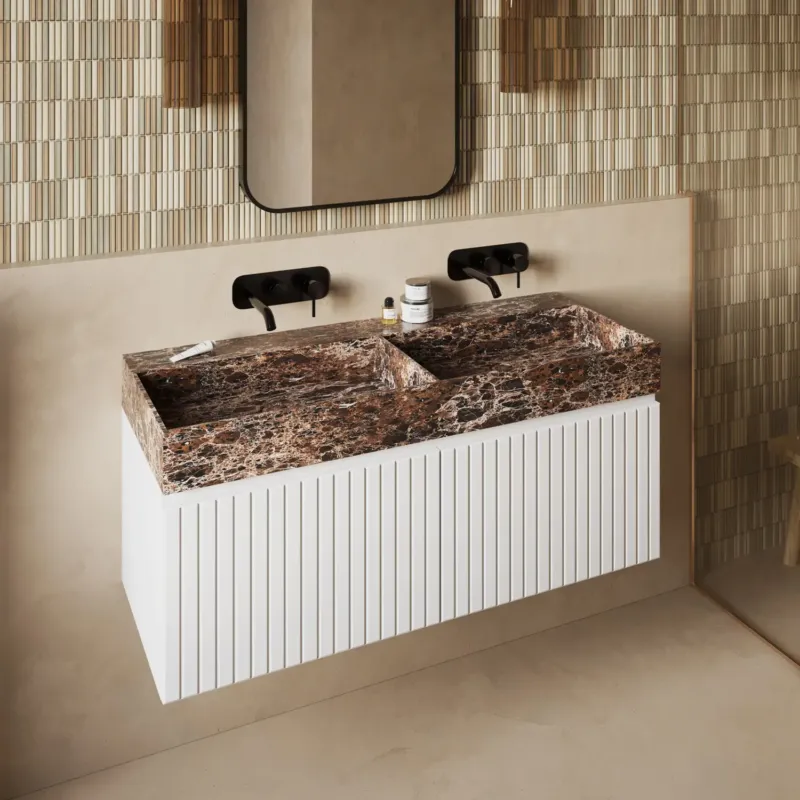 Express Levering Fontana Dark Emperador badmeubel 120cm mat wit met ribbelfront zonder kraangaten