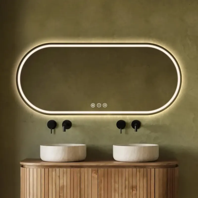 Speciale Aanbieding Saniclear Triova ovale spiegel 160x70cm met verwarming, directe en indirecte verlichting