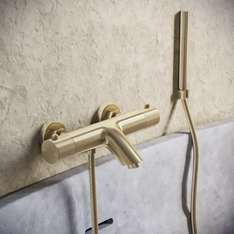 Speciale Aanbieding Saniclear Brass Stripes thermostatische opbouw badkraan met handdouche geborsteld messing - mat goud