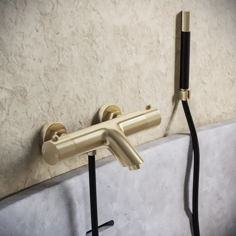 Saniclear Brass Stripes Pro thermostatische opbouw badkraan met handdouche geborsteld messing - mat goud Must-Have