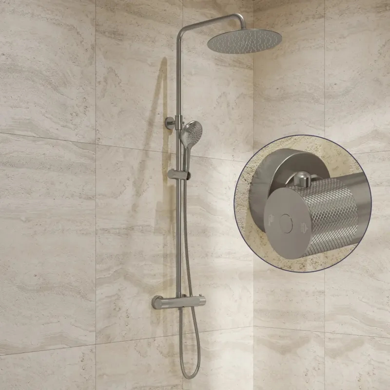 Beperkte Voorraad Saniclear Evolution Curved opbouw regendouche RVS met 20cm hoofddouche en 2 standen handdouche