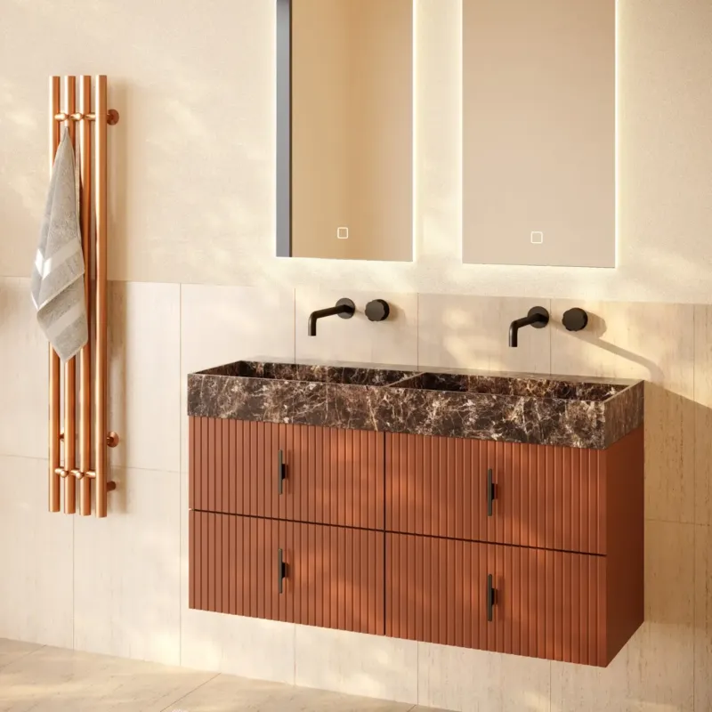 Superprijs Muebles Murcia badmeubel ribbelfront 120cm terracotta met Dark Emperador wastafel zonder kraangaten
