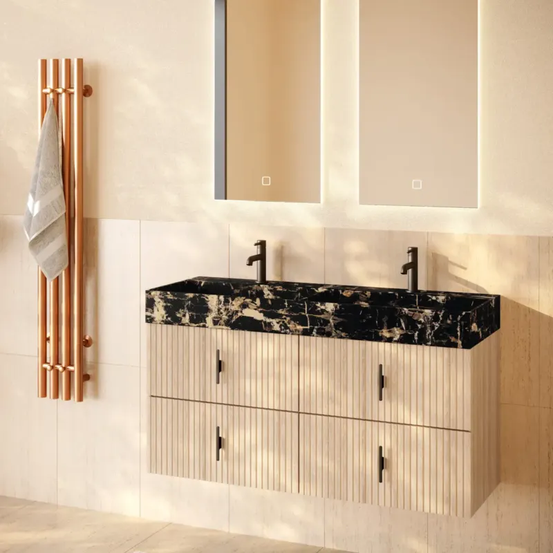 Rechtstreeks Van De Fabrikant Muebles Murcia badmeubel ribbelfront 120cm naturel eiken met Portoro Gold wastafel met kraangaten