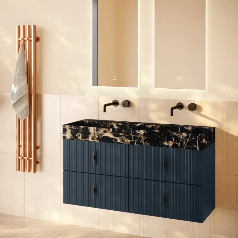 Uitverkoop Muebles Murcia badmeubel ribbelfront 120cm marine blauw met Portoro Gold wastafel zonder kraangaten