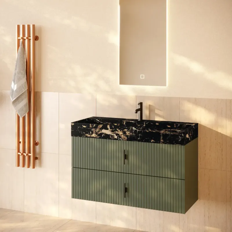 Premium Muebles Murcia badmeubel ribbelfront 100cm legergroen met Portoro Gold wastafel met kraangat
