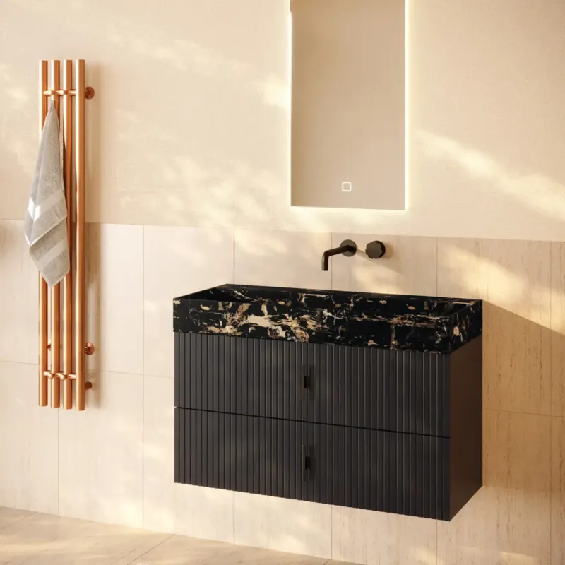 Weekendaanbieding Muebles Murcia badmeubel ribbelfront 100cm antraciet met Portoro Gold wastafel zonder kraangat