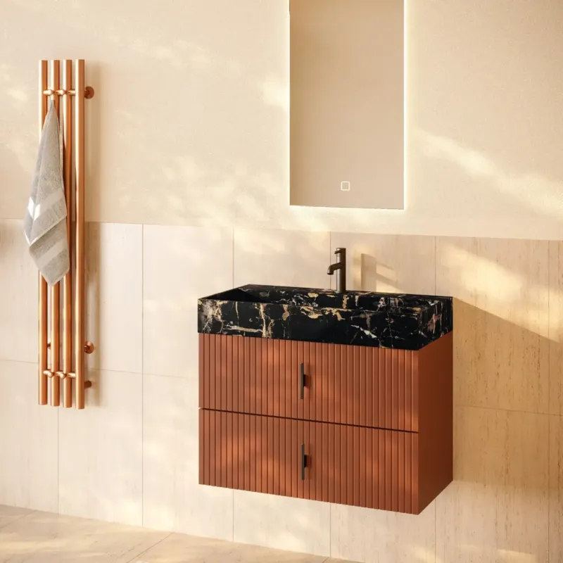 Snelle Levering Muebles Murcia badmeubel ribbelfront 80cm terracotta met Portoro Gold wastafel met kraangat