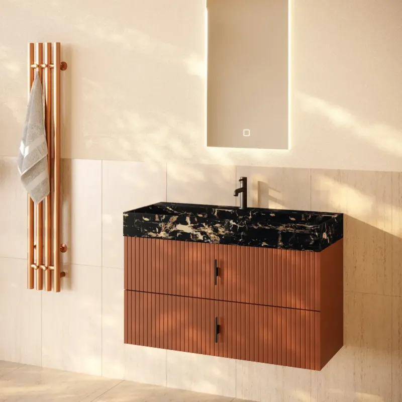 Speciale Aanbieding Muebles Murcia badmeubel ribbelfront 100cm terracotta met Portoro Gold wastafel met kraangat