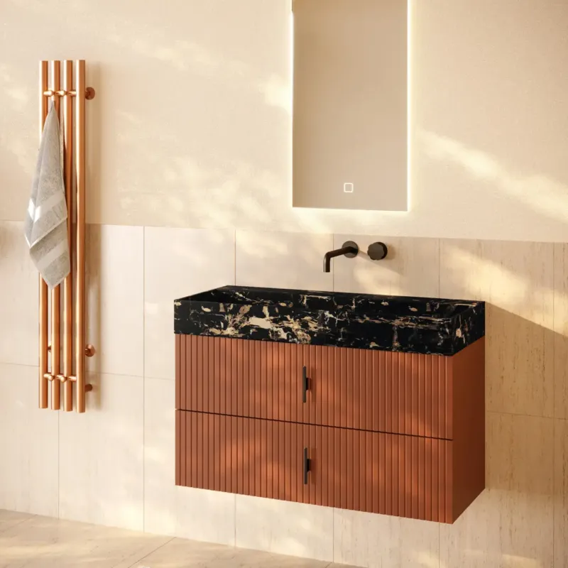 Superprijs Muebles Murcia badmeubel ribbelfront 100cm terracotta met Portoro Gold wastafel zonder kraangat