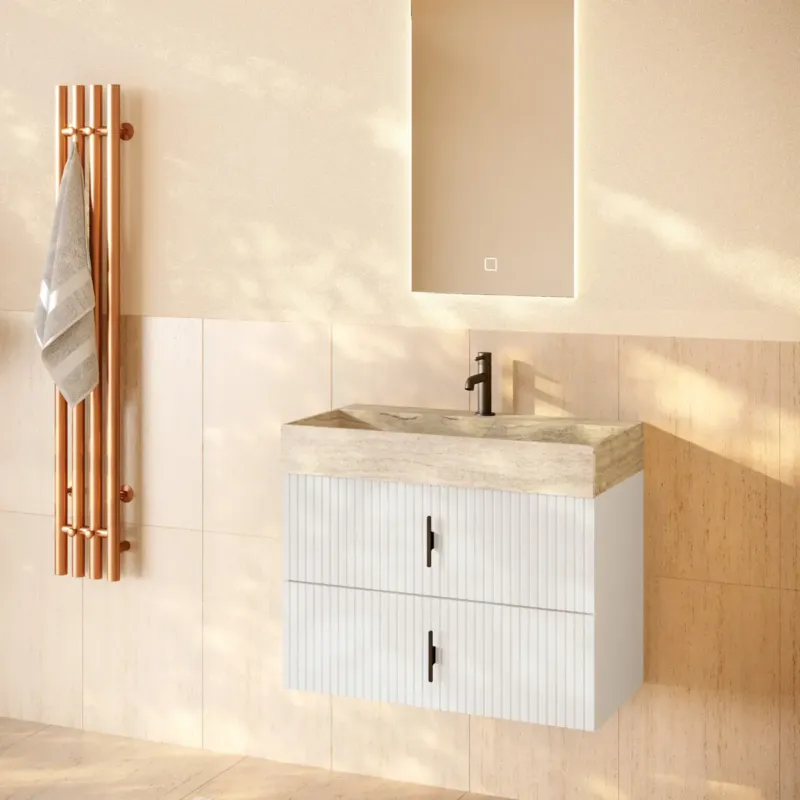 Nieuw Muebles Murcia badmeubel ribbelfront 80cm wit mat met White Travertin wastafel met kraangat