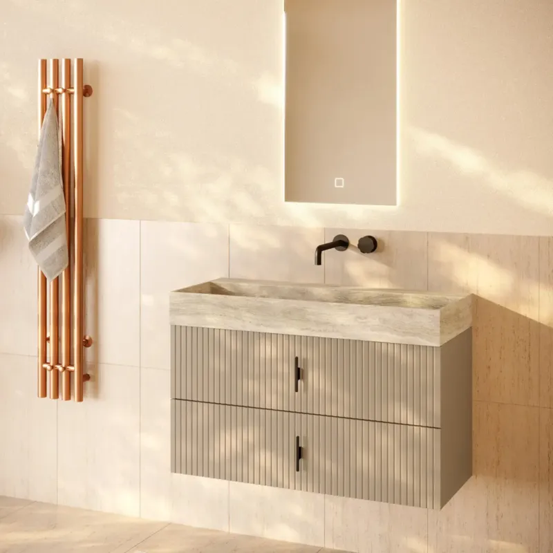 Snelle Levering Muebles Murcia badmeubel ribbelfront 100cm macchiato met White Travertin wastafel zonder kraangat