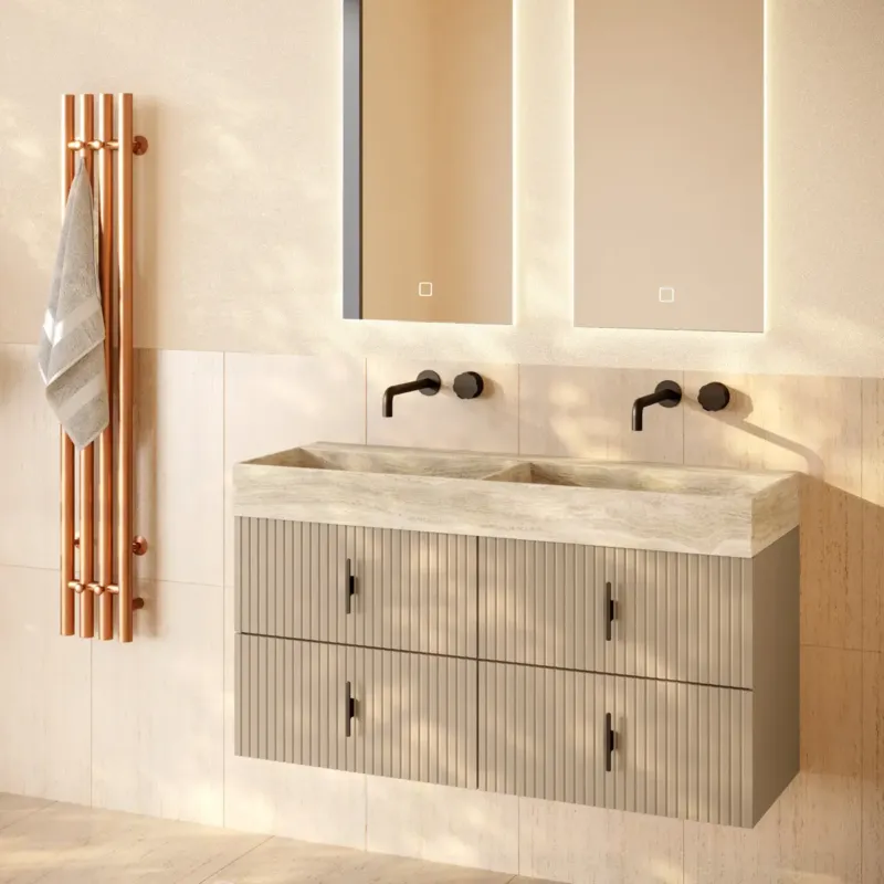 Aanbieding Muebles Murcia badmeubel ribbelfront 120cm macchiato met White Travertin wastafel zonder kraangaten