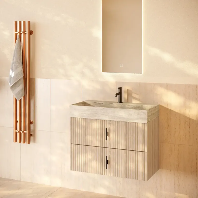 Shop Nu Muebles Murcia badmeubel ribbelfront 80cm naturel eiken met White Travertin wastafel met kraangat