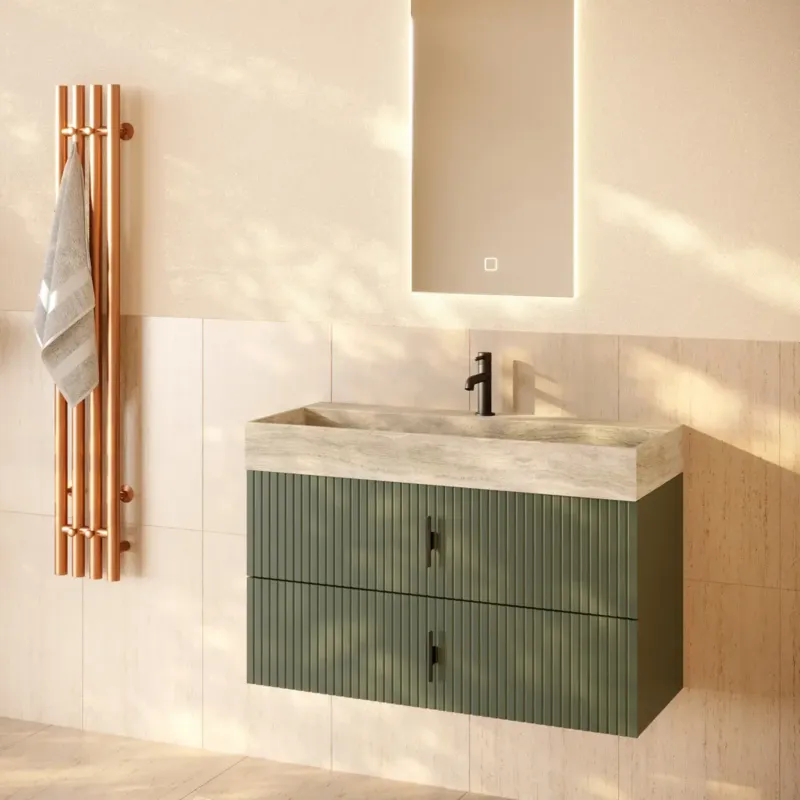 Finale Uitverkoop Muebles Murcia badmeubel ribbelfront 100cm legergroen met White Travertin wastafel met kraangat
