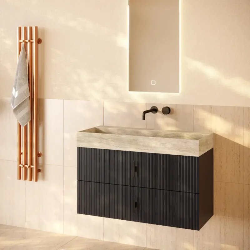 Muebles Murcia badmeubel ribbelfront 100cm antraciet met White Travertin wastafel zonder kraangat Nieuw