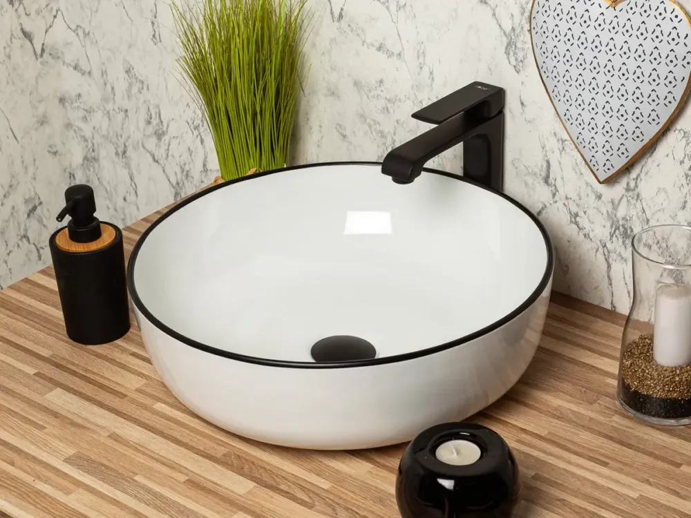 Dagaanbieding Kerra KR98 waskom rond wit met zwarte rand 41.5x41.5x13cm