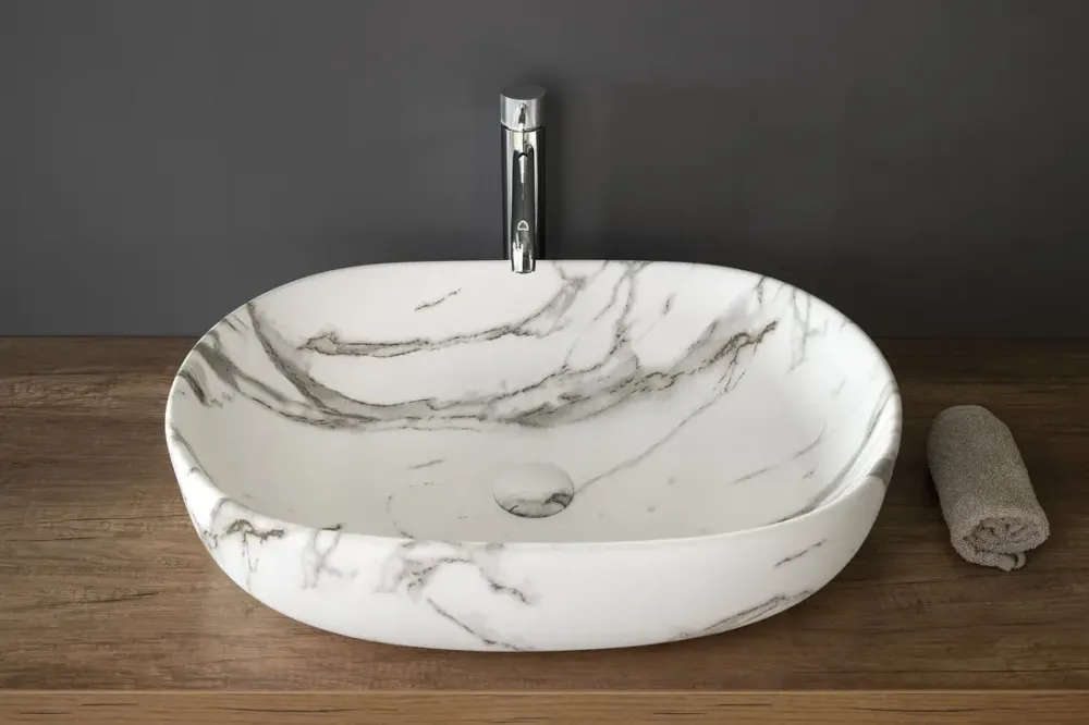 Sapho Rondane keramische waskom 60x42cm wit marmer Laatste Kans