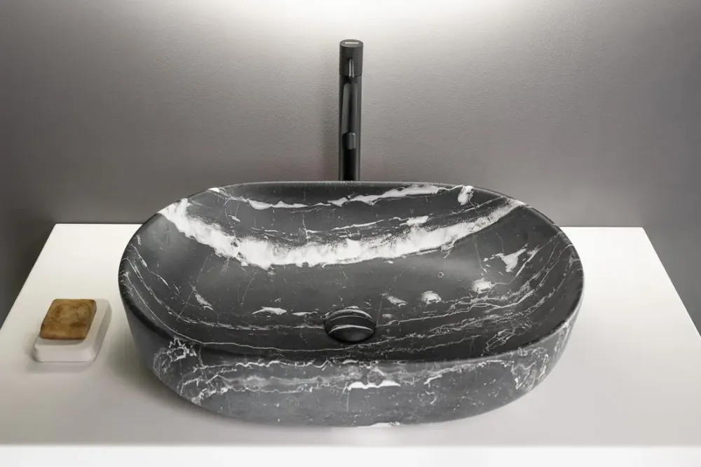Lage Kosten Sapho Rondane keramische waskom 60x42cm zwart marmer