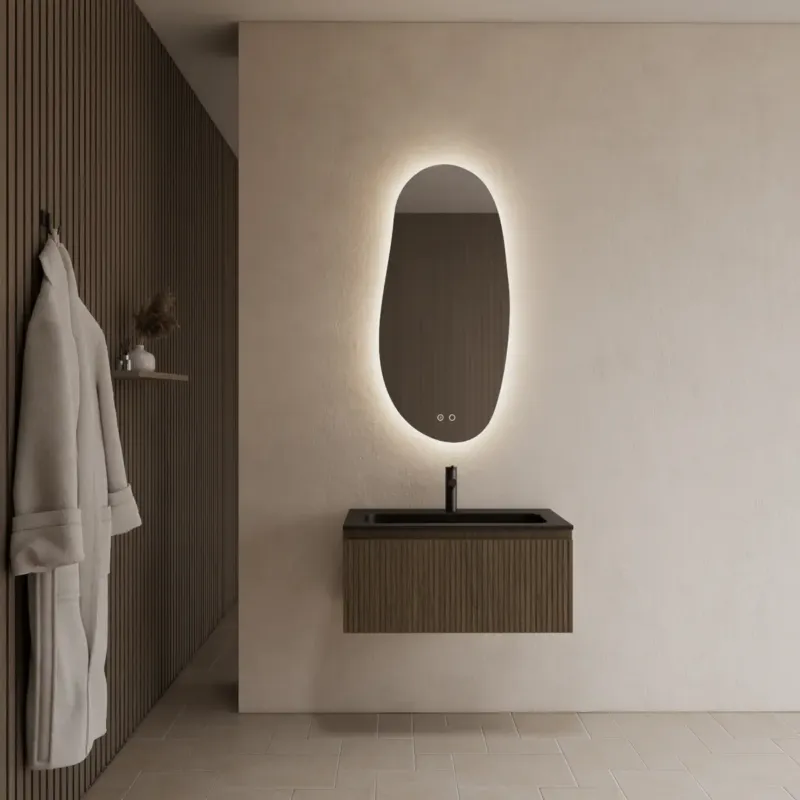 Op = Op Gliss Design Timotheus badmeubel met ribbelfront 70cm ash gray met zwarte wastafel Asia