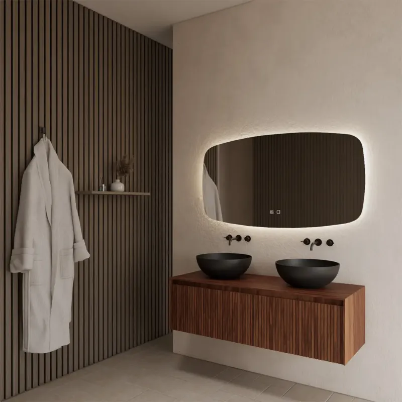 Gliss Design Timotheus badmeubel met 2 lades en ribbelfront 120cm walnut met zwarte waskom Premium