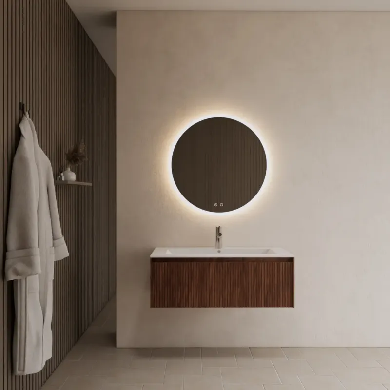 Populair Gliss Design Timotheus badmeubel met ribbelfront 100cm walnut met mat witte wastafel Asia