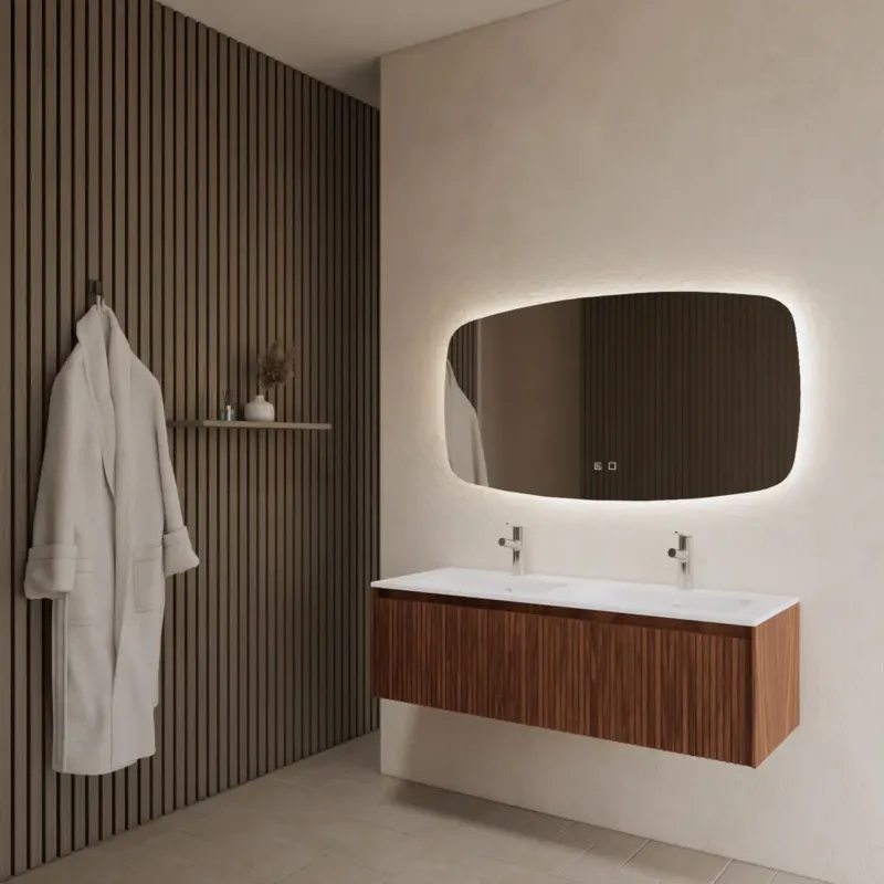 Lage Prijs Gliss Design Timotheus badmeubel met ribbelfront 140cm walnut met mat witte wastafel Asia