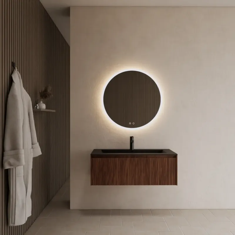 Gliss Design Timotheus badmeubel met ribbelfront 90cm walnut met zwarte wastafel Asia Nieuw