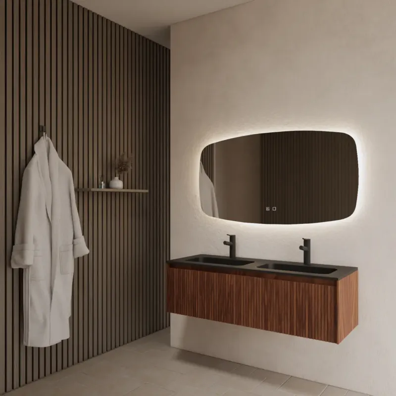 Betaalbaar Gliss Design Timotheus badmeubel met ribbelfront 120cm walnut met zwarte wastafel Asia