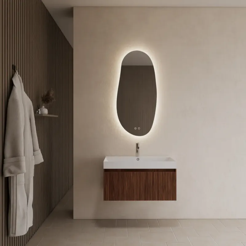 Hoge Kwaliteit Gliss Design Timotheus badmeubel met ribbelfront 60cm walnut met glans witte wastafel Lako
