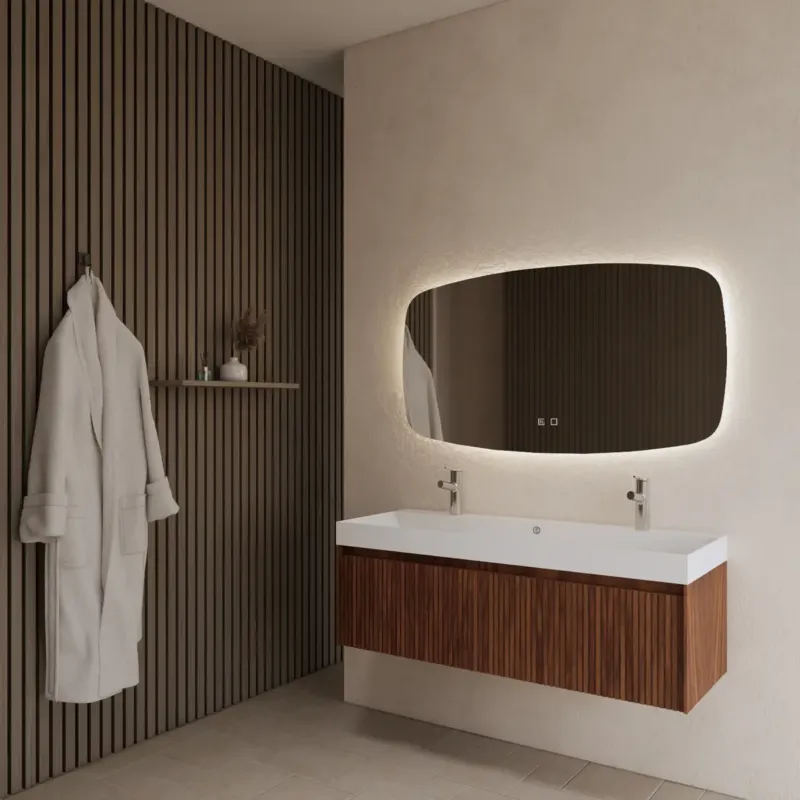 Op = Op Gliss Design Timotheus badmeubel met ribbelfront 120cm walnut met glans witte wastafel Lako