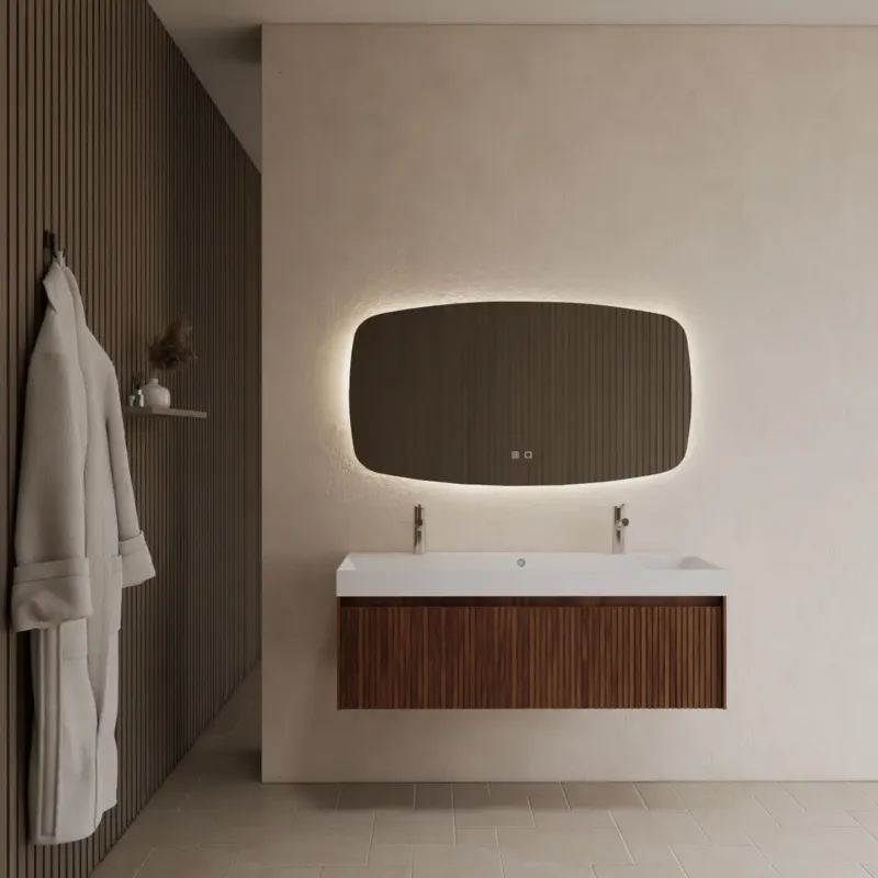 Korting Gliss Design Timotheus badmeubel met ribbelfront 100cm walnut met mat witte wastafel met 2 kraangaten Lako