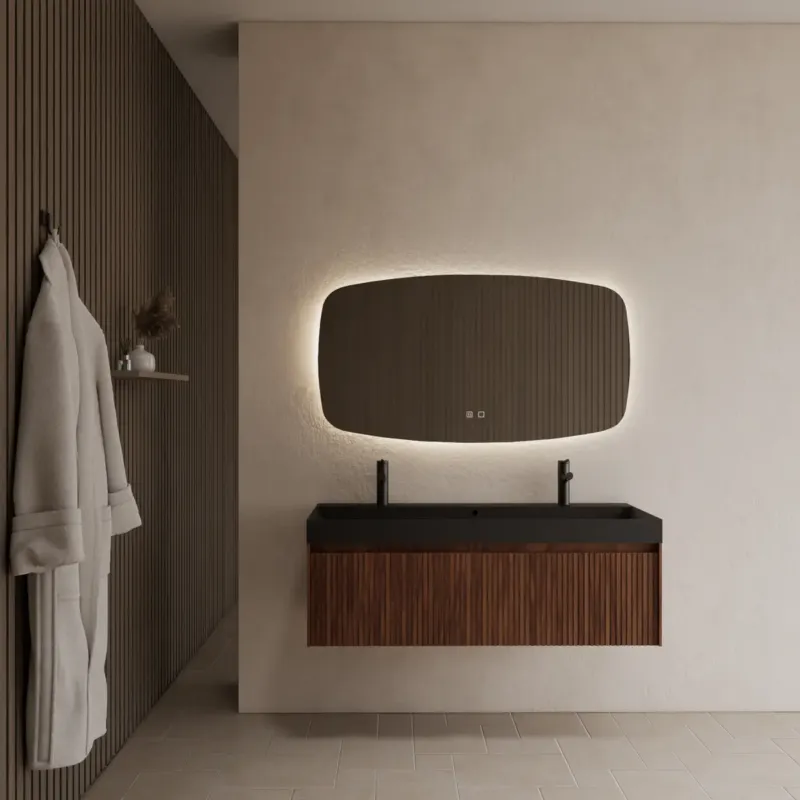 Fabrieksprijs Gliss Design Timotheus badmeubel met ribbelfront 100cm walnut met zwarte wastafel met 2 kraangaten Lako