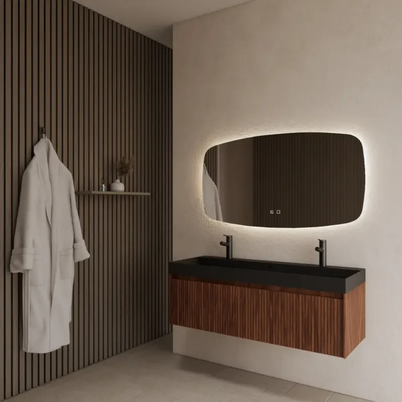 Gliss Design Timotheus badmeubel met ribbelfront 120cm walnut met zwarte wastafel Lako Lage Prijs