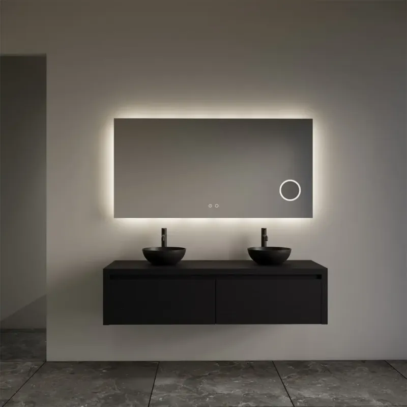 Weekendaanbieding Gliss Design Ares badmeubel 140cm 2 lades black veneer met zwarte waskommen