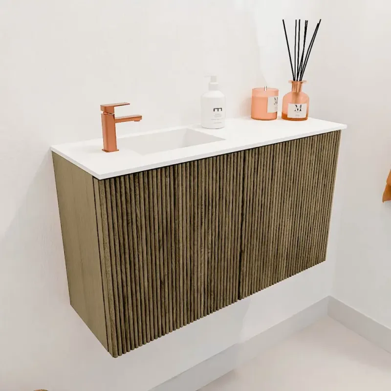 Koopje Mondiaz Joya 70cm toiletmeubel dusk met wastafel faye links 1 kraangat talc
